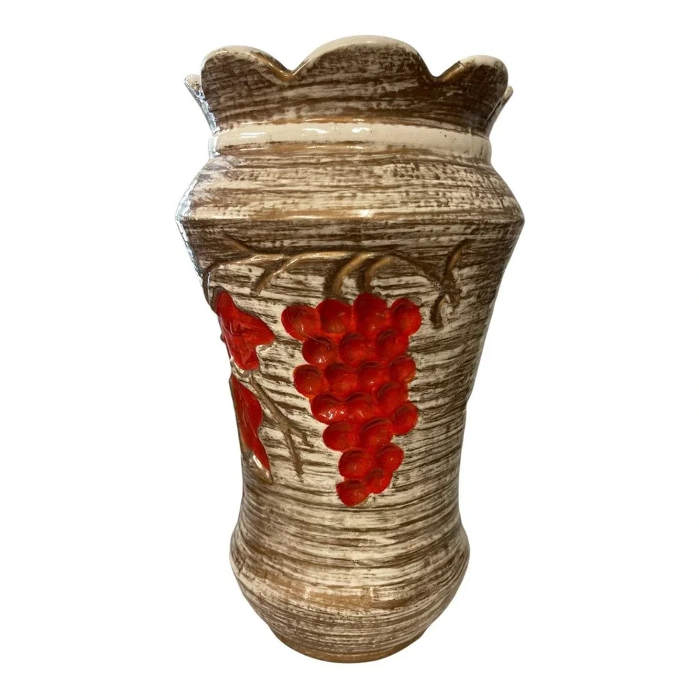 Vintage California Pottery Brown Textured Vase Red Grape & Leaf Motif Scalloped